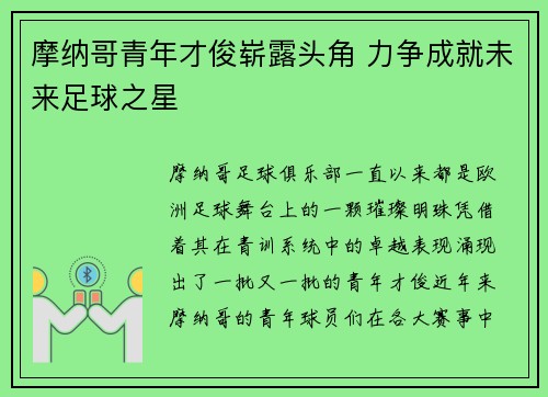 摩纳哥青年才俊崭露头角 力争成就未来足球之星